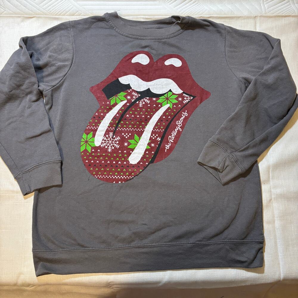 Rolling Stones Womens M Christmas Sweatshirt Tongue Logo Fair Isle Gray Holiday
